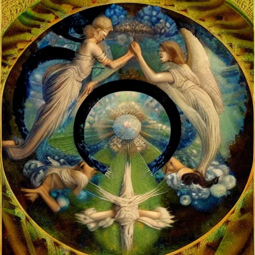 Prompt: fractal of angels in a spiral against the sky in the style of Richard Dadd