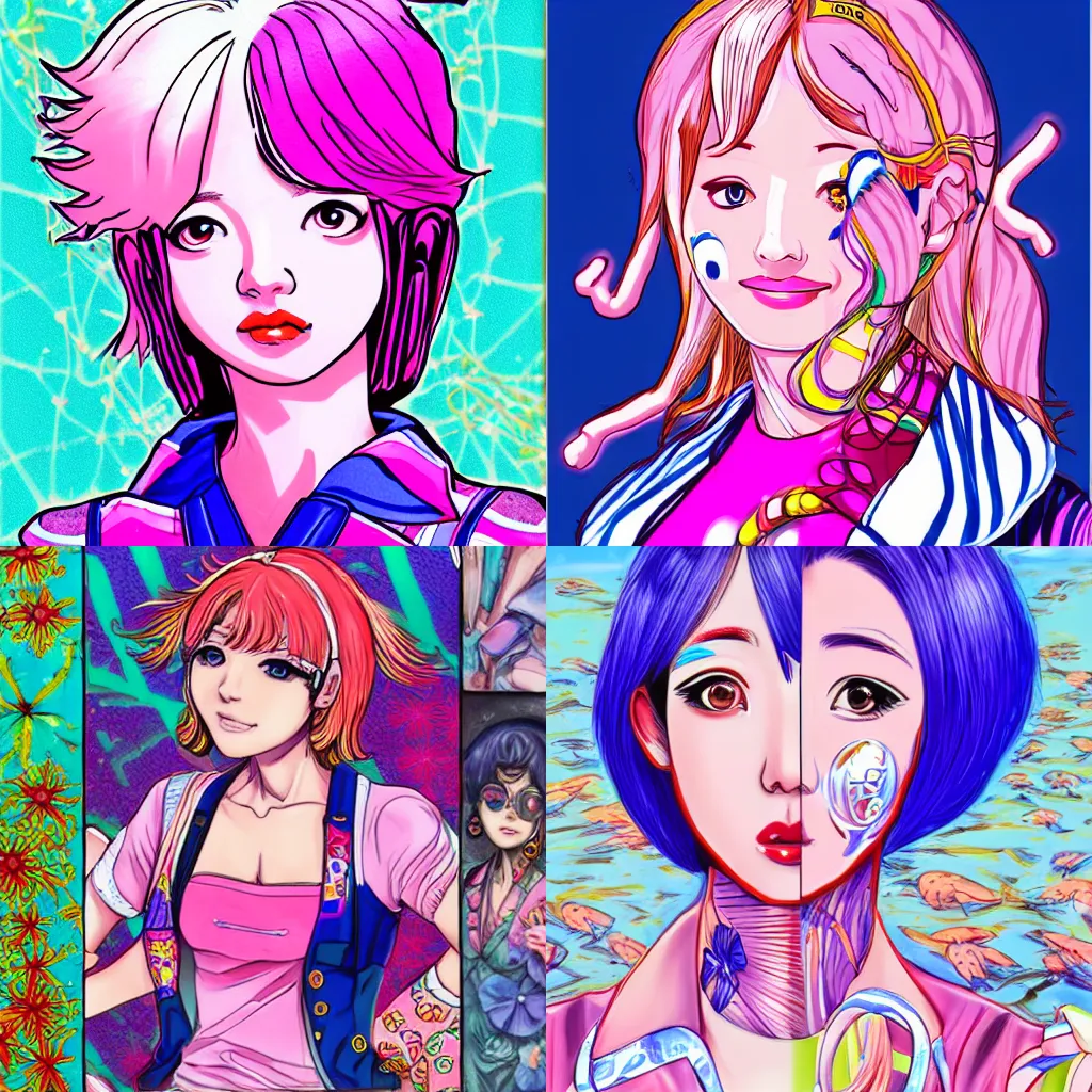 Prompt: yasuho hirose, accurate anatomy, highly detailed, digital art, centered, portrait, colored vibrantly, in the style of hirohiko araki