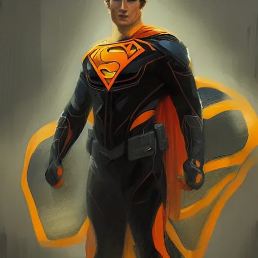 Image similar to portrait of a superhero by greg rutkowski, he looks like miles teller, he is wearing a black, orange and yellow kevlar gear, highly detailed portrait, digital painting, artstation, concept art, smooth, sharp foccus ilustration, artstation hq