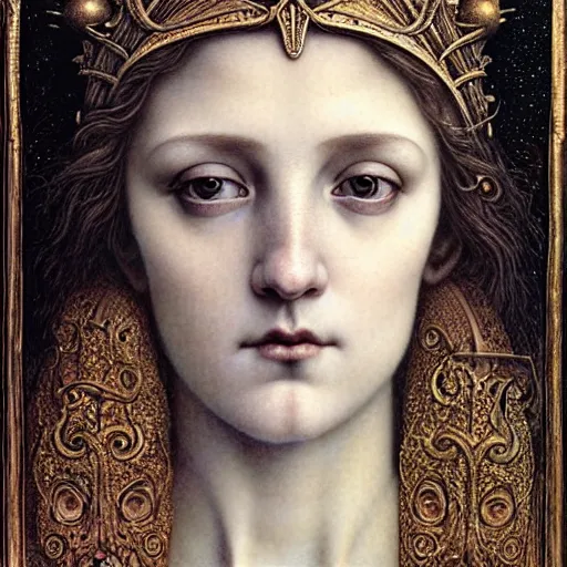 Prompt: detailed realistic beautiful young medieval queen face portrait by jean delville, tom bagshaw, brooke shaden, gustave dore and marco mazzoni, art nouveau, symbolist, visionary, gothic, pre - raphaelite, ornate gilded medieval icon, surreality, ethereal, unearthly, haunting, celestial, neo - gothic