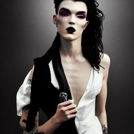 Image similar to stunning portrait of androgynous ruby rose as desire from sandman in a white tuxedo!!!, rockabilly style, by frank moth, by alphonse mucha, by jeremy mann, by peter lindbergh, dave mckean, white suit and black tie, soft lightning, high detailed, 8 k