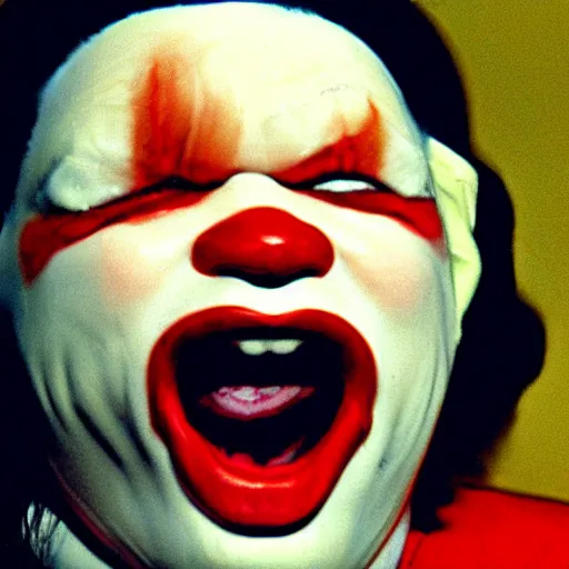 Image similar to creppy 2 0 0 3 photo of ronald mcdonald screaming in a dark room