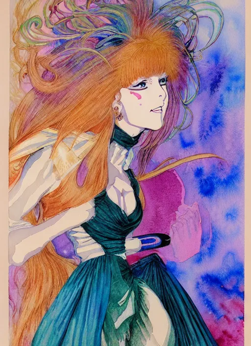 Prompt: vintage 7 0 s anime watercolor by geoff darrow, a portrait of a lady with colorful face - paint enshrouded in an impressionist watercolor, representation of mystic crystalline fractals in the background by william holman hunt, art by cicley mary barker, thick impressionist watercolor brush strokes, portrait painting by daniel garber, minimalist simple pen and watercolor