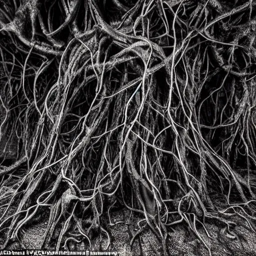 Prompt: ward - winning photograph of pitch black, tar - like, shadow roots with lots of tendrils spreading everywhere, intricate detail, goopy, deep black roots, infestation, shadowy, lovecraftian