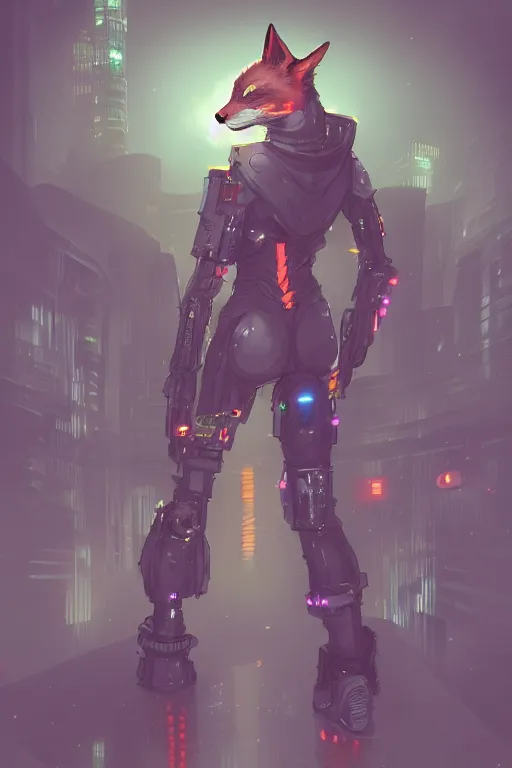 Image similar to an anthropomorphic cyberpunk fox, backlighting, trending on artstation, digital art, furry art, trending on furaffinity, fantasy art, by kawacy, view from behind