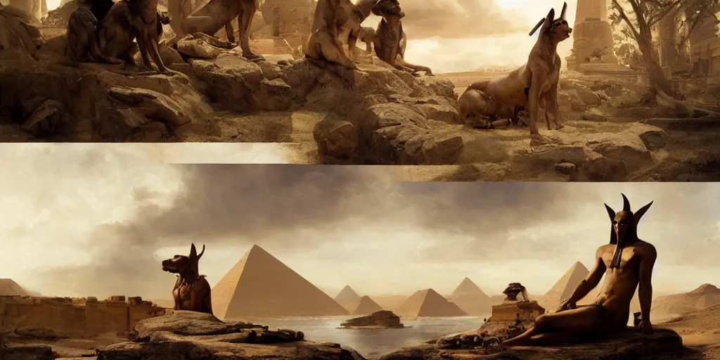 Image similar to beautiful landscape oil matte painting, of ancient egyptian giant satue of anubis, art by anders zorn, wonderful masterpiece by greg rutkowski, beautiful cinematic light, american romanticism, by thomas lawrence, greg rutkowski