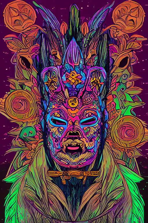 Image similar to animal mask totem roots flower tribal feather gemstone plant wood rock shaman vodoo video game vector cutout illustration vivid multicolor borderlands comics by josan gonzales and dan mumford radiating a glowing aura