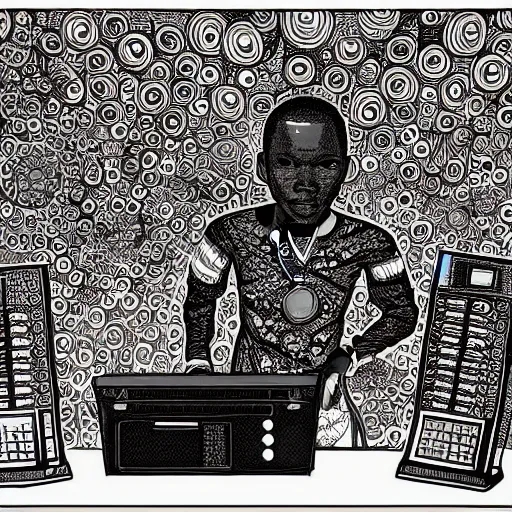 Prompt: intricate detailed artwork of a futuristic African dj at an underground warehouse rave in the style of Geof Darrow, wires, braids, speakers, neon