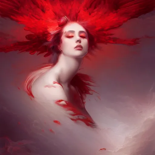 Image similar to a fallen angel in red fluid simulation, painting by ross tran and ivan aivazovsky