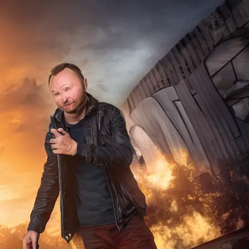 Image similar to limmy brian limond holding element 1 1 5, realistic, wide shot, dramatic lighting, hyper realistic, high quality, highly detailed, hd, beautiful, cinematic, 8 k, unreal engine, facial accuracy, symmetrical,