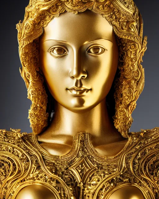 Prompt: marble statue portrait of woman in shining golden armor, high production value, intricate details, high resolution, hdr, high definition, masterpiece, realistic, ultrarealistic, highly detailed, hd, sharp focus, non blurry, sharp, smooth