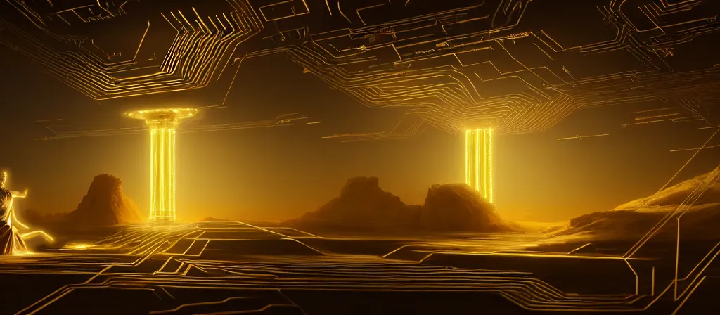 Prompt: the ethereal god of technology bestows the gift of circuits to humanity. immaculate matte painting. fantastic. velvet and gold. high key studio lighting. fractal dreams. ancient greece, trending on artstation, cgsociety, ps 5, uhd 8 k cryengine