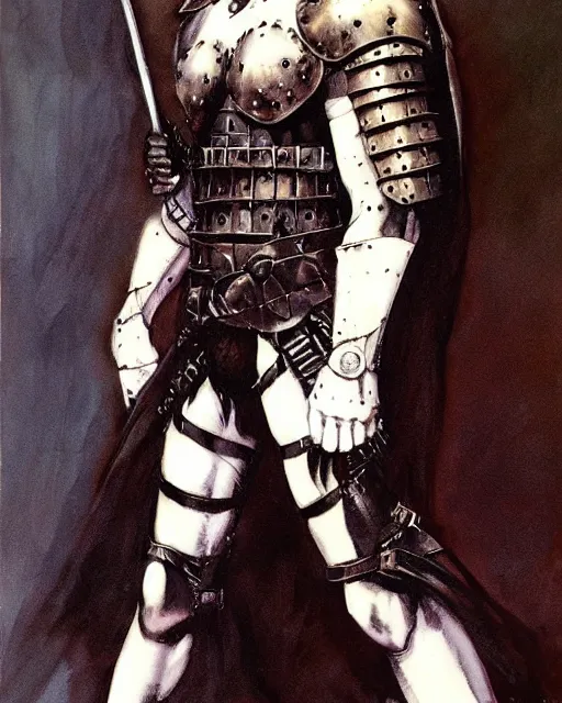 Image similar to portrait of a skinny goth punk keany reeves wearing armor by simon bisley, john blance, frank frazetta