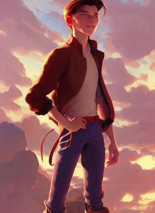 Image similar to skinny young tom holland as jim hawkins from treasure planet, dynamic lighting, path traced, atmospheric, highly detailed, high quality, beautiful painting, octane render, don bluth, ross tran, studio ghibli, alphonse mucha, jama jurabaev, extremely detailed, brush strokes, artstation, artgerm