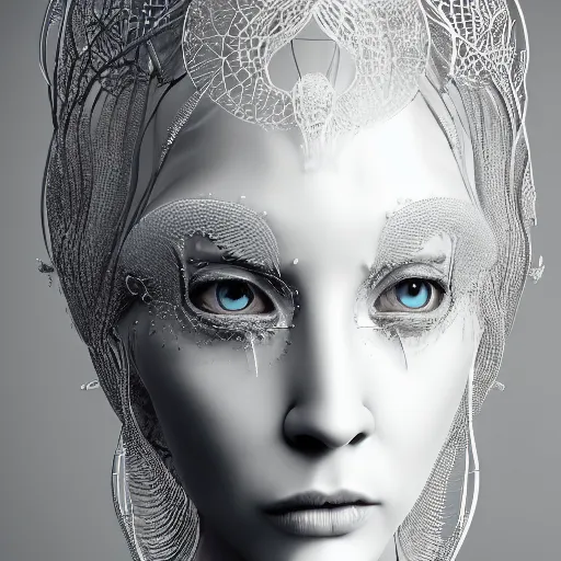 Image similar to closeup portrait of an absurdly beautiful, graceful, sophisticated, fashionable cyberpunk mechanoid gravure idol, an ultrafine hyperdetailed illustration by irakli nadar, matt wisniewski style, intricate linework, porcelain skin, iridescent jellyfish headdress, fractal ivory carved ruff, unreal engine 5 highly rendered, global illumination, radiant light, detailed and intricate environment