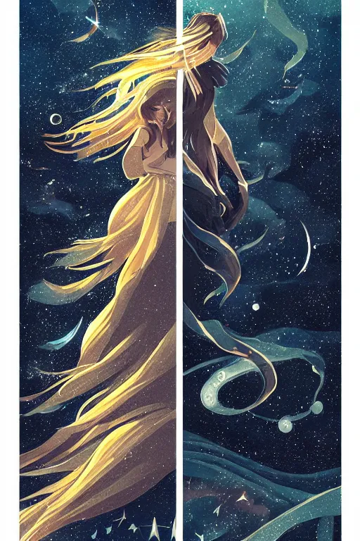 Image similar to man and woman sea and night sky with stars and galaxies, ornate detailed background, trending on artstation, by rossdraws