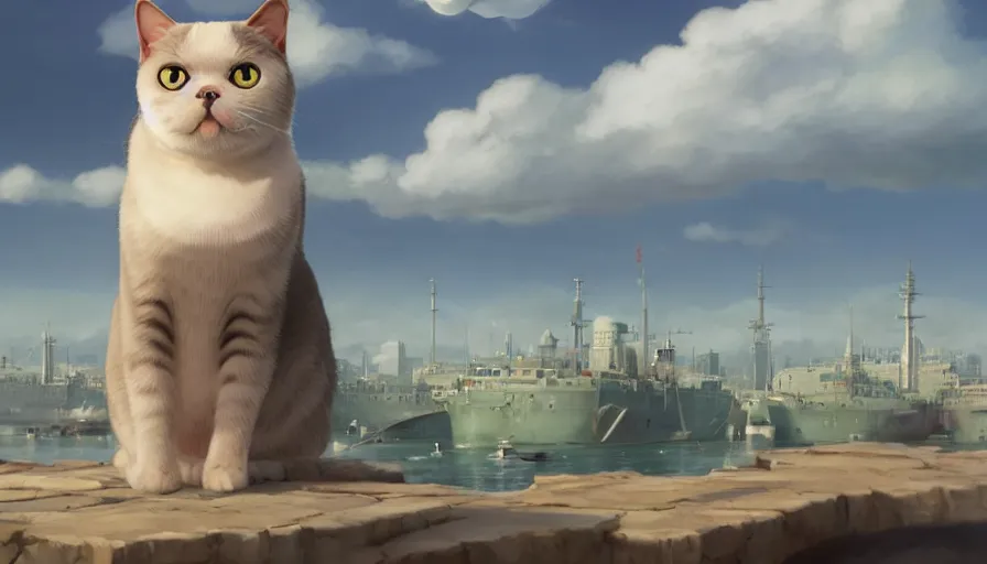 Image similar to A highly detailed matte painting of a British Shorthair cat looking into the distance dressed as an admiral, by Studio Ghibli, Makoto Shinkai, by Artgerm, by WLOP, by Greg Rutkowski, volumetric lighting, octane render, 4K resolution, trending on artstation, masterpiece