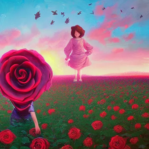 Prompt: giant rose in front of face and head, girl frontal in a flower field, surreal photography, sunrise dramatic light, impressionist painting, colorful clouds, digital painting, artstation, simon stalenhag