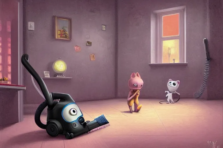 Prompt: family friendly, chimera cute vacuum cleaner character, for kids assisting a concept machine, black background, big eyes, big eyes, simple smooth shapes and forms, photo cartoon illustration, digital painting, alejandro alvarez alena aenami, by carel willink and gregory crewdson, by thomas kinkade