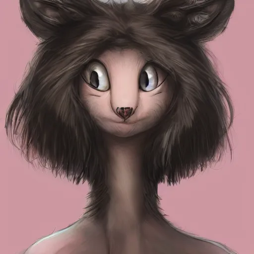 Image similar to headshot of young female furry, D&D, cute, fantasy, intricate, long hair, dark grey skin, mouse face, mouse nose, dark skin, mouse head, mouse ears, black hair, elegant, highly detailed, cartoony, artstation, concept art, smooth, sharp focus, illustration, art by Diives