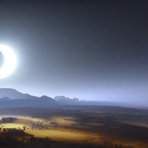 Image similar to dark solar eclipse, above a village, highly detailed, studio 4 k quality, by alexandre calame