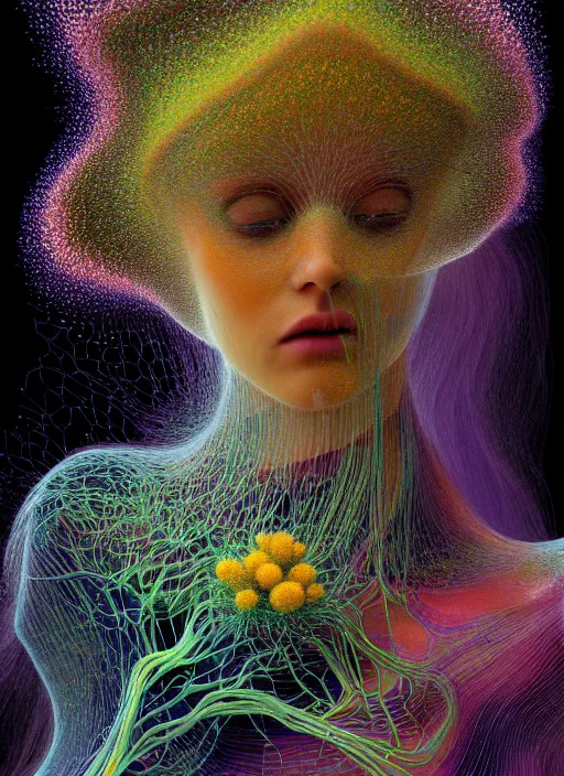 Image similar to hyper detailed 3d render like a Oil painting - Aurora (Singer) seen Eating of the Strangling network of yellowcake aerochrome and milky Fruit and Her delicate Hands hold of gossamer polyp blossoms bring iridescent fungal flowers whose spores black the foolish stars by Jacek Yerka, Mariusz Lewandowski, Houdini algorithmic generative render, Abstract brush strokes, Masterpiece, Edward Hopper and James Gilleard, Zdzislaw Beksinski, Mark Ryden, Wolfgang Lettl, hints of Yayoi Kasuma, octane render, 8k