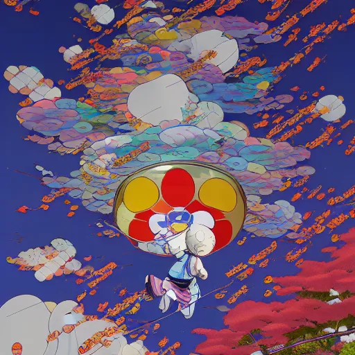 Image similar to a man walking on clouds above kyoto by takashi murakami, beeple and james jean, aya takano color style, 4 k, super detailed
