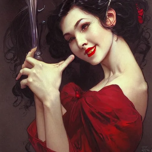 Image similar to portrait of a very beautiful vampire by Stanley Artgerm Lau , greg rutkowski, thomas kindkade, alphonse mucha, loish, norman rockwell, J. C. Leyendecker. dark black hair, pale skin, detailed eyes, red lips, smiling, looking straight. Trending on artstation rule of thirds detailed ink painting hd 4k