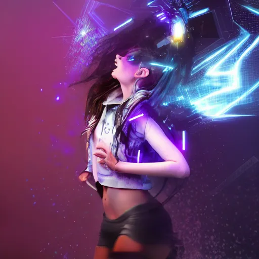 Image similar to girl screaming and holding her head while it explodes with lights and computer elements, cyberpunk, hyperdetailed, suffering, realistic, futuristic, cybernetic, character concept art, blue and violet color scheme