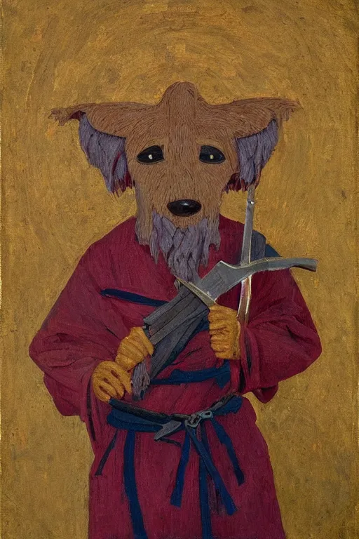 Image similar to slavic dog head man, woolen torso in medieval clothes, holding a weapon, orthodox, oil painting, concept art, hyperrealism, beautiful, high resolution, trending on artstation, by annie swynnerton and nicholas roerich, embroidered robes, elaborate costume, geometric ornament, symbolist, soft colors, dramatic lighting, extremely detailed, two hands,