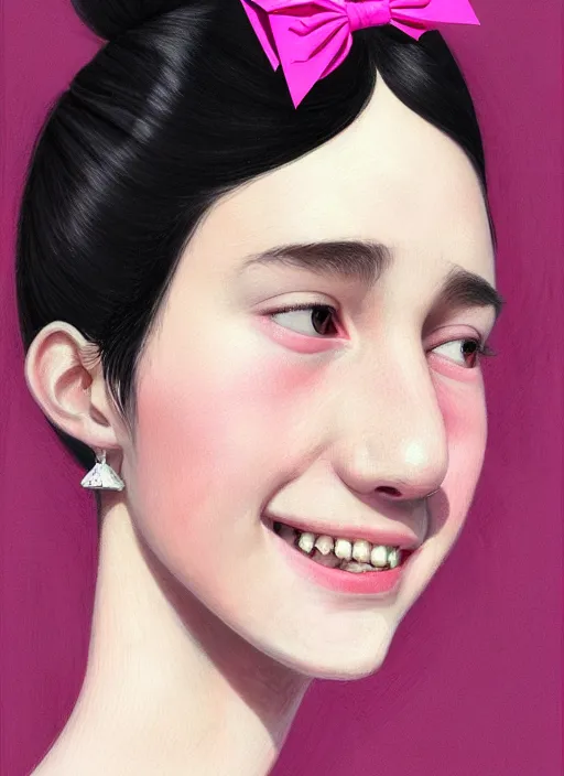 Image similar to portrait of high school girl, realistic, black hair, bangs, half updo hairstyle, pointy nose, skinny, smile, ugly, defined jawline, big chin, pink hair bow, earrings, intricate, elegant, yearbook photo, highly detailed, digital painting, artstation, sharp focus, illustration, art by wlop, mars ravelo and greg rutkowski