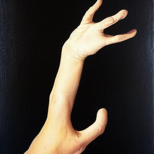 Image similar to white giant hand in a black void, painting by by ralph grady james, jean christian biville