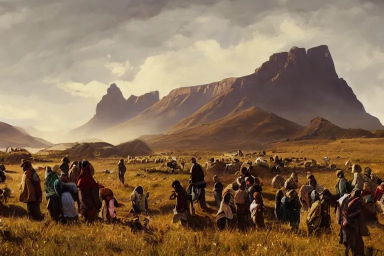 Image similar to a painting of south african immigrants in a rural patagonian village on the coast. comodoro rivadavia, rural and rocky. by greg rutkowski, trending on artstation