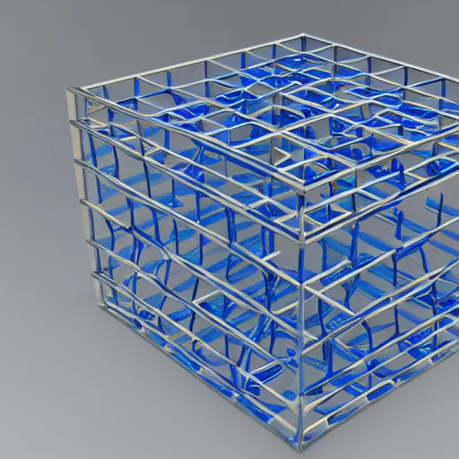 Image similar to cube made out of blue marbles and steel rods, open structure, octane render, studio photo