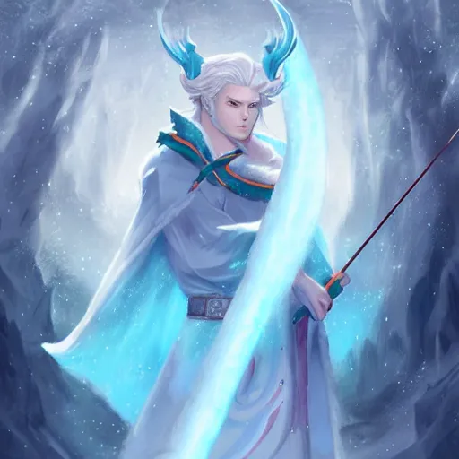 Image similar to handsome male snow elf with pointed ears in a turquoise cape as an archer, albino skin, moonlight snowing, ethereal opalescent mist, winter vibes, perfect face, elegant, very coherent symmetrical artwork, by wenjun lin, krenz cushart, charlie bowater, trending on artstation