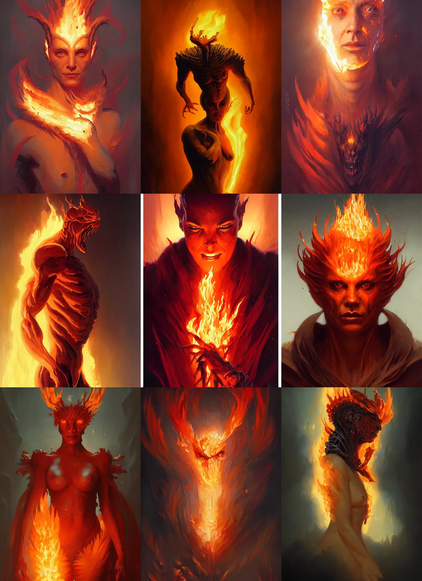Prompt: a painting of a creature made of fire, a character oil on canvas portrait by gerald brom and greg rutkowski, masterpiece, fantasy art, artstation hq