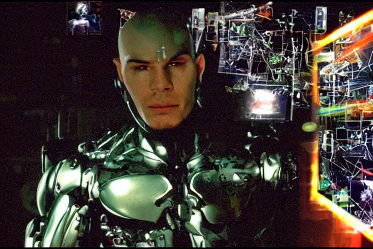 Image similar to cyborg - pitbull, surrounded by screens, in 2 0 0 1, y 2 k cybercore, industrial low - light photography, still from a ridley scott movie