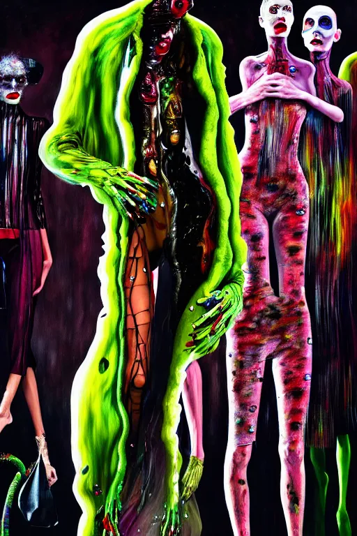 Image similar to crazy fashion catwalk, one model, crazy clothes, biopunk style, horror, clothes look like slime, hauntingly surreal, highly detailed painting by francis bacon, edward hopper, adrian ghenie, gerhard richter, and james jean soft light 4 k,