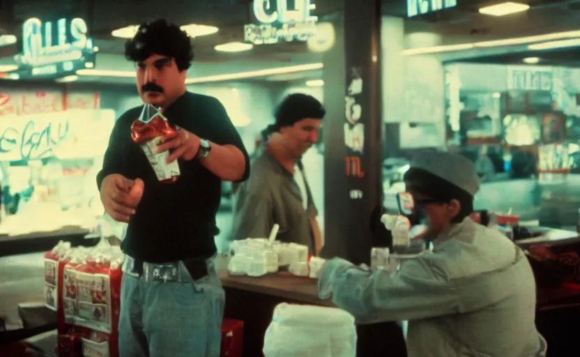 Prompt: pablo escobar selling coke in metaverse. cinestill, cyberpunk.