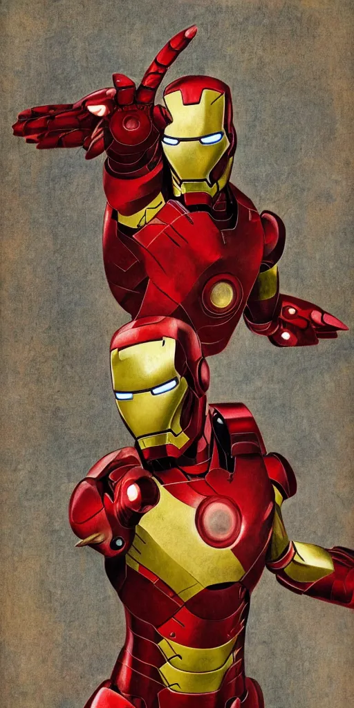 Prompt: iron man by hieronymus bosch, highly detailed, realistic, abstract background, action pose