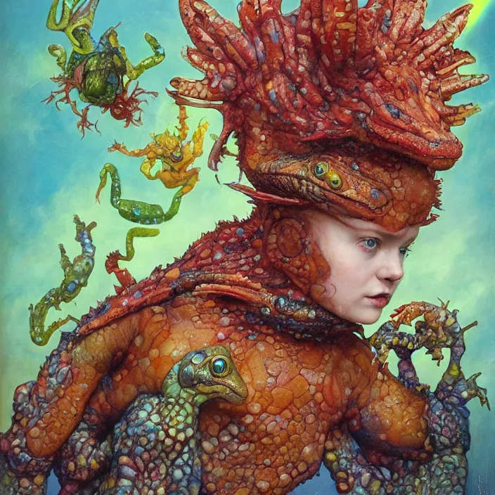 Prompt: a portrait photograph of sadie sink as a brightly colored amphibian with wet mutated skin. she wearing a tactical suit and has many body modifications. by tom bagshaw, donato giancola, hans holbein, walton ford, gaston bussiere, brian froud, peter mohrbacher and magali villeneuve. 8 k, fashion editorial, cgsociety