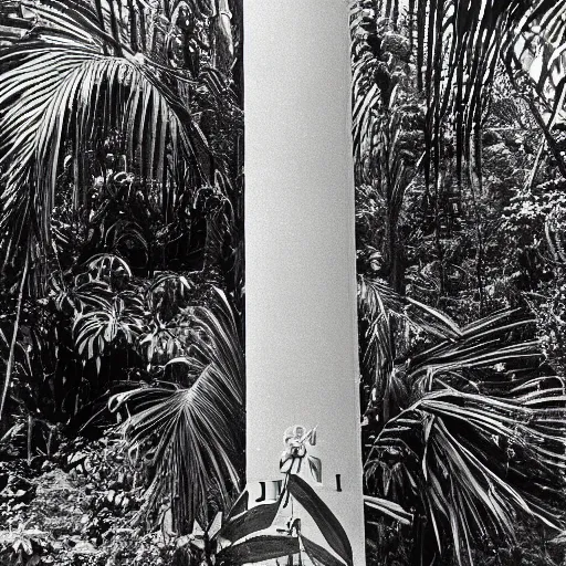 Image similar to lost film footage of a sacred modernist totem in the middle of the tropical jungle / film still / cinematic / enhanced / 1 9 2 0 s / black and white / grain