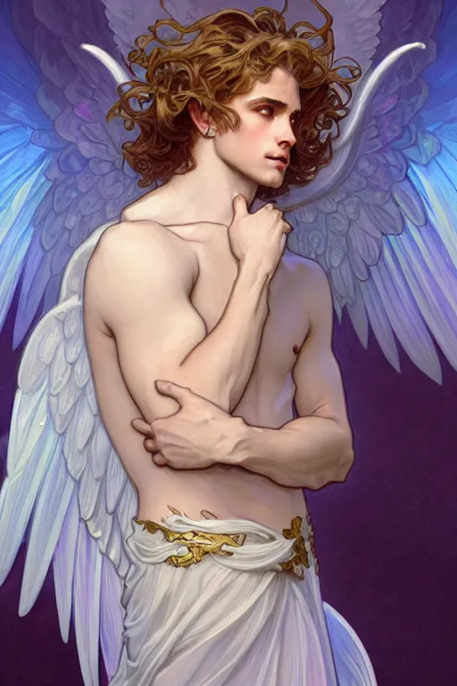 Image similar to a beautiful young fit male angel with curly blond hairs, dressed with fluent clothes, majestic symmetrical wings, luminous halo, by greg rutkowski and alphonse mucha, d & d character, gradient white to gold, in front of an iridescent background, highly detailed portrait, digital painting, artstation, concept art, smooth, sharp focus illustration, artstation hq