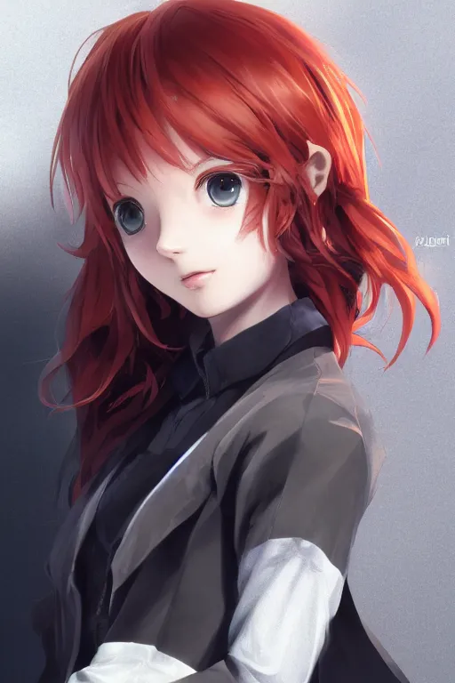 Image similar to Very complcated dynamic composition, realistic anime style at Pixiv, Zbrush sculpt colored, Octane render in Maya and Houdini VFX, young redhead girl in motion, wearing jacket and skirt, silky hair, black stunning deep eyes. By ilya kuvshinov, krenz cushart, Greg Rutkowski, trending on artstation. Amazing textured brush strokes. Cinematic dramatic soft volumetric studio lighting