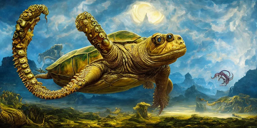 Image similar to fantasy oil painting, great leviathan, cybernetic turtle cephalopod terrapin reptilian pachyderm squid, bella hadid, hybrid, milla jovovich, anubis, epic natural light, lush plants flowers, spectacular mountains, bright clouds, luminous sky, outer worlds, golden hour, michael cheval, edward hopper, michael whelan, vray, hd