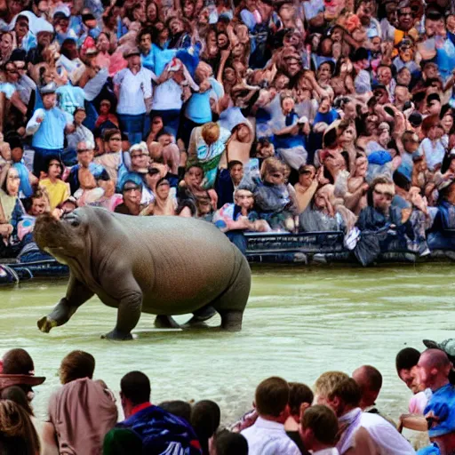 Image similar to a hippopotamus rampaging through sports crowd.