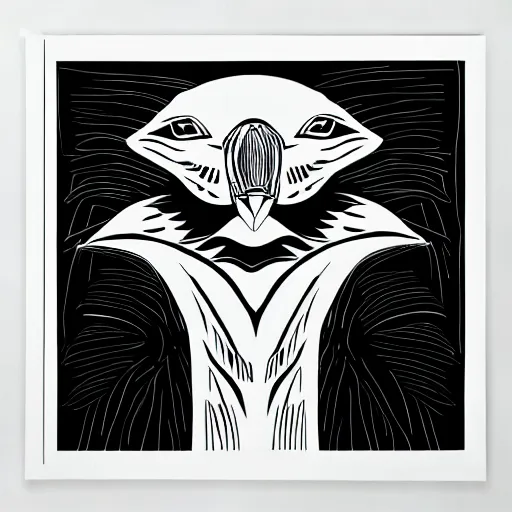 Prompt: crow, bold smooth simple lines block print, 4k, black ink on white paper