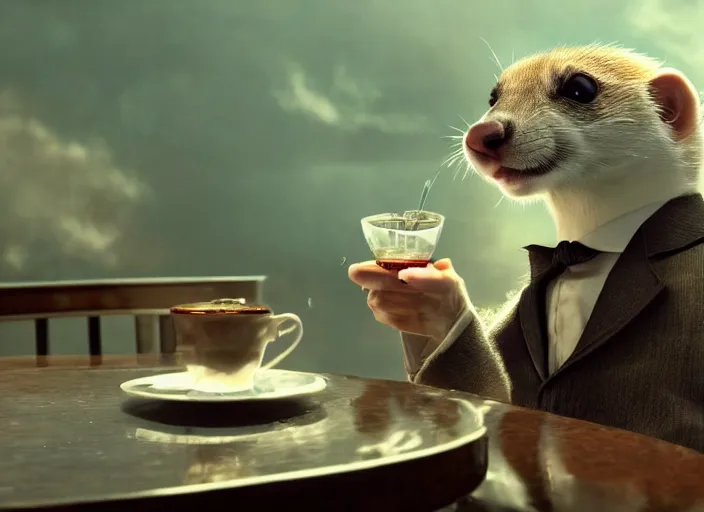 Prompt: A very high resolution image from a new movie, A Weasel wearing a suit drinks tea in a shabby Chinese room, surrounded by water vapor,beatiful backgrounds,dramatic Lighting, directed by wes anderson
