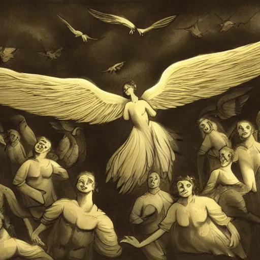 Image similar to A beautiful illustration of a winged creature, possibly an angel, flying high above a group of people in a dark, wooded area. The creature's wings are spread wide and its head is turned upwards, as if it is looking towards the sky. The people below are looking up at the creature with a mixture of awe and fear. by Miriam Schapiro manmade