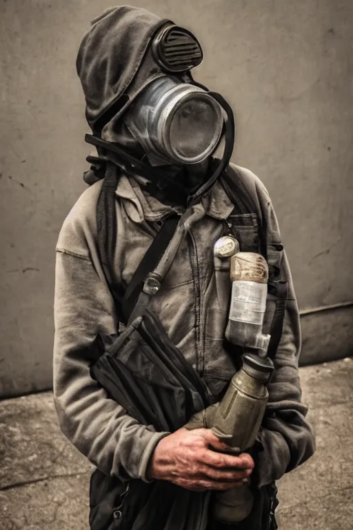 Image similar to an award winning portrait photo of a homeless person wearing a gas mask and hard helmet, 4 k, high quality, sharp focus